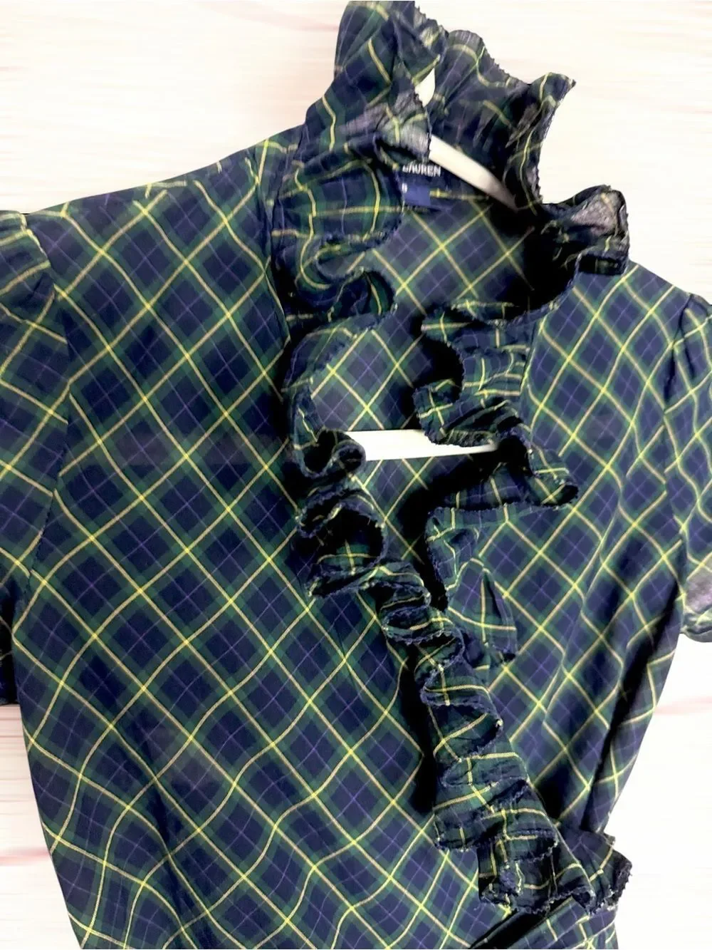 Ralph Lauren Blue Label Plaid Ruffled Cotton Wrap Dress Green Blue Girls size 8